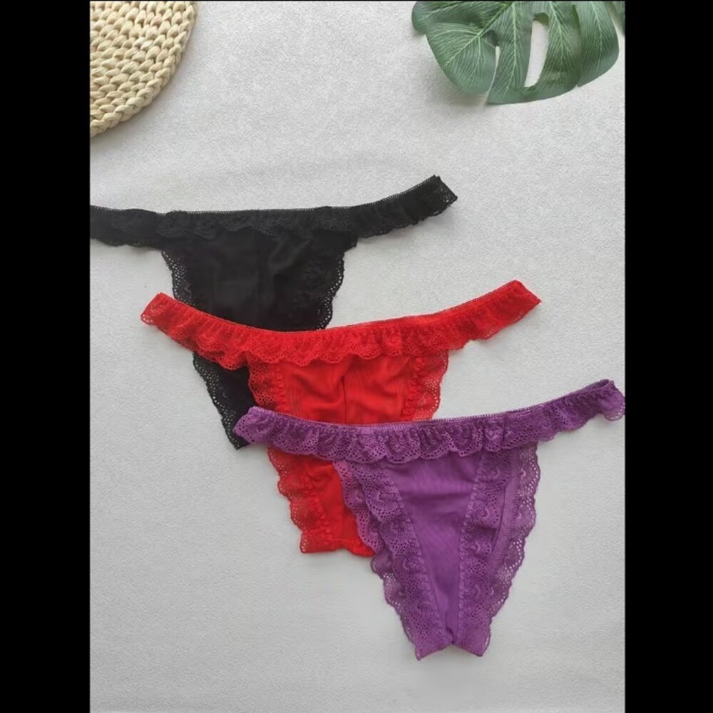 3pcs Men's Sexy G-Strings/thong with Lace Waistband & Lace Trim, Breathable